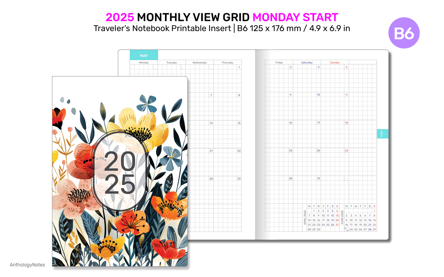 2025 B6 Monthly View Traveler's Notebook Printable Diary Insert, GRID TN Mo2P - DB6010