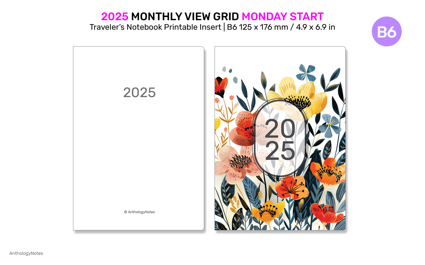 2025 B6 Monthly View Traveler's Notebook Printable Diary Insert, GRID TN Mo2P - DB6010