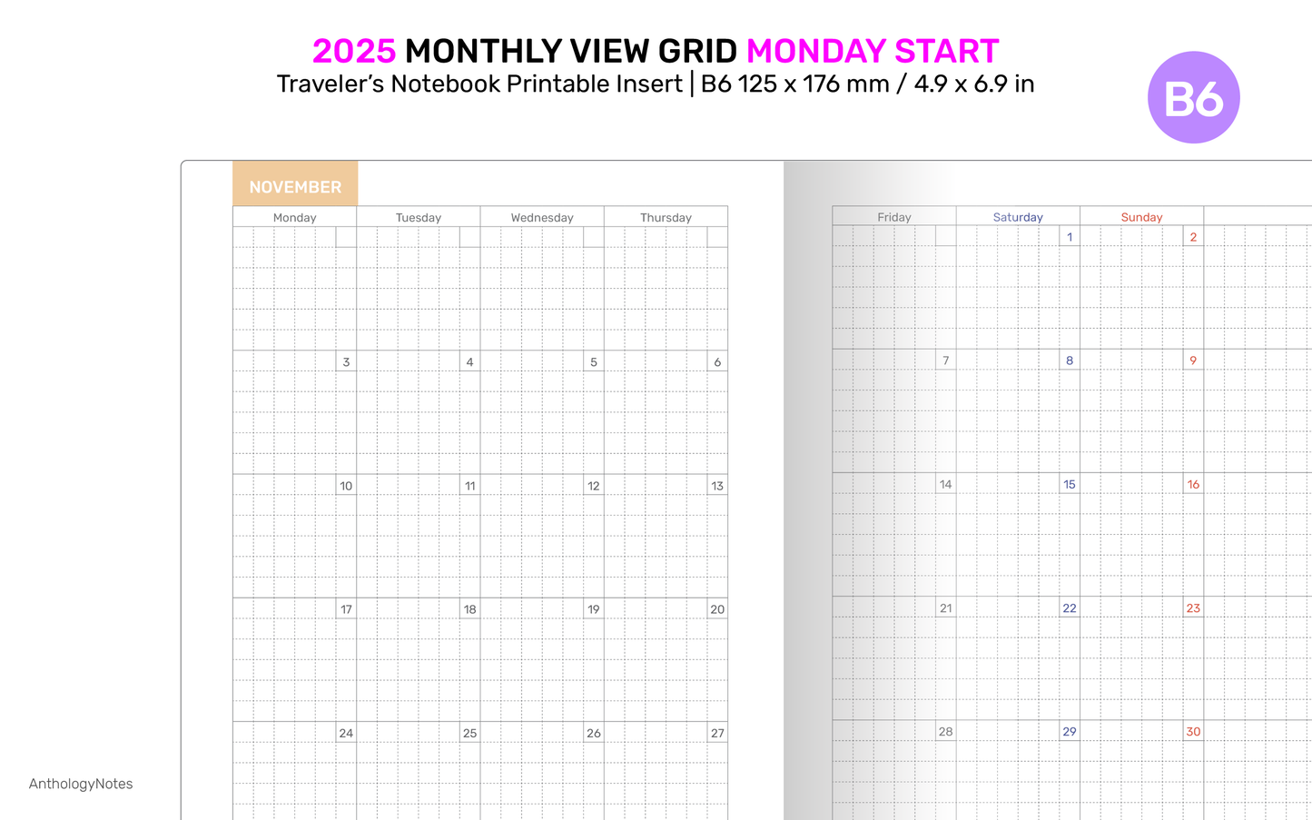 2025 B6 Monthly View Traveler's Notebook Printable Diary Insert, GRID TN Mo2P - DB6010