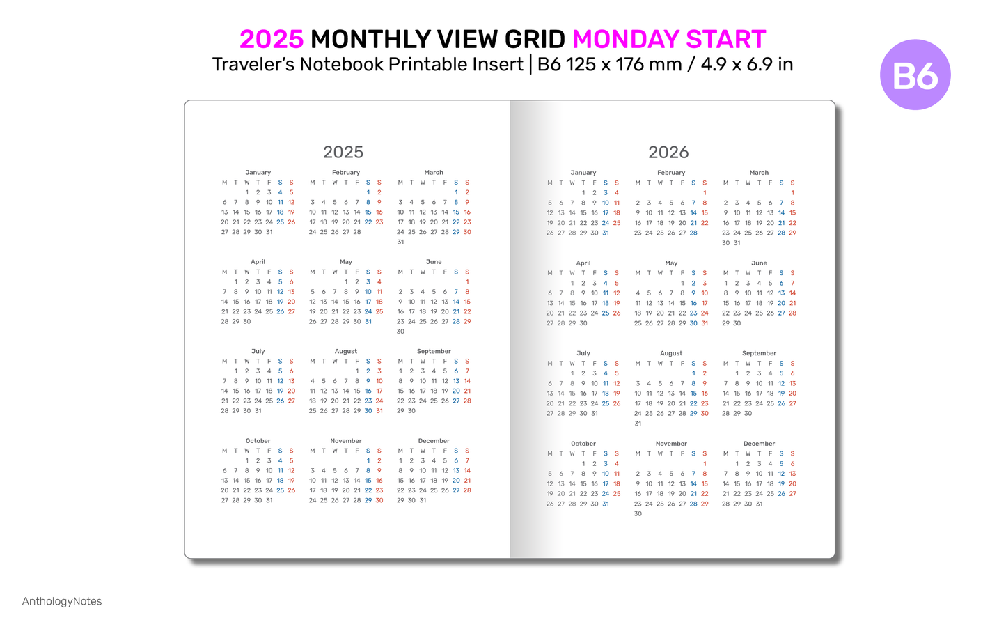 2025 B6 Monthly View Traveler's Notebook Printable Diary Insert, GRID TN Mo2P - DB6010