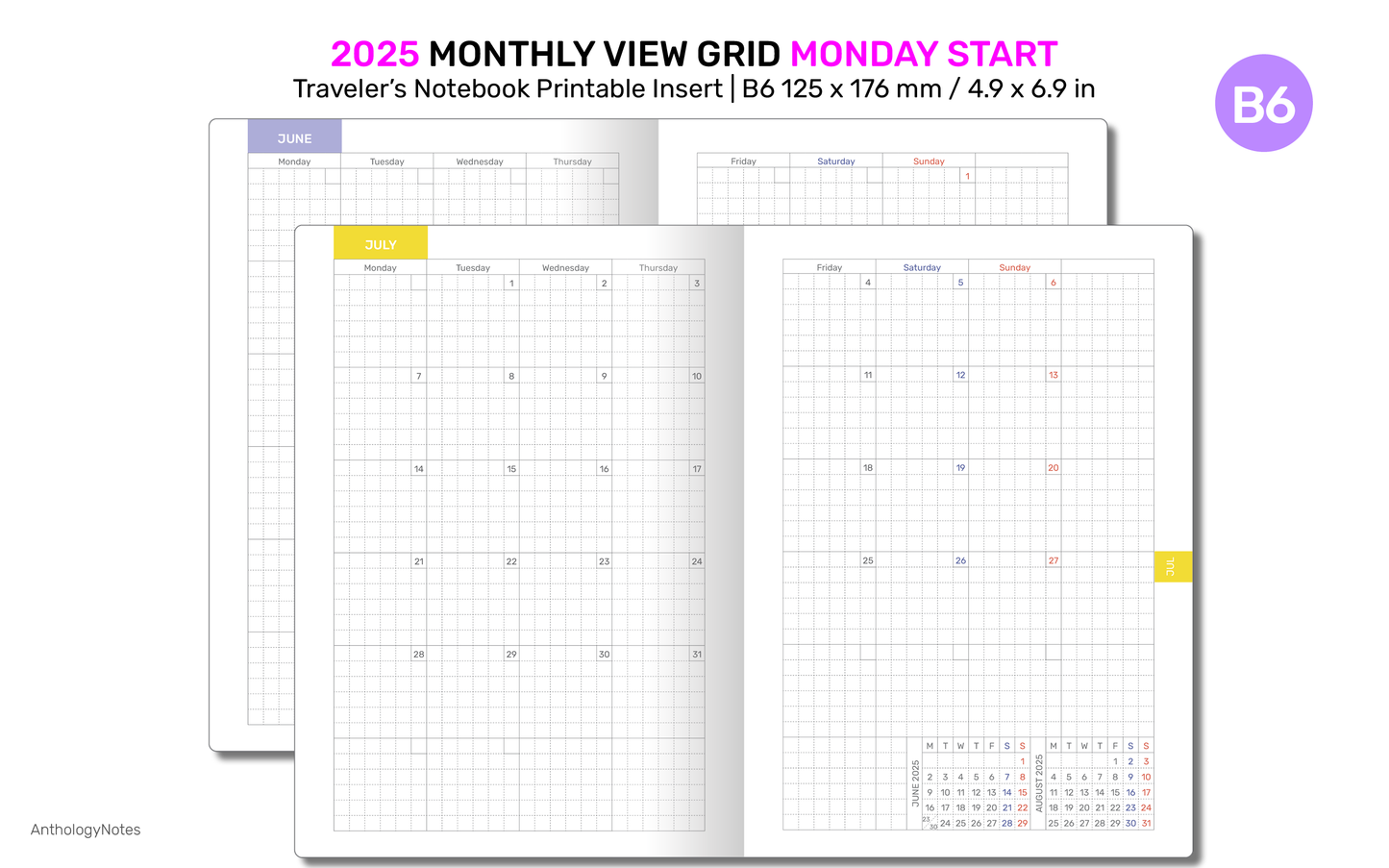 2025 B6 Monthly View Traveler's Notebook Printable Diary Insert, GRID TN Mo2P - DB6010