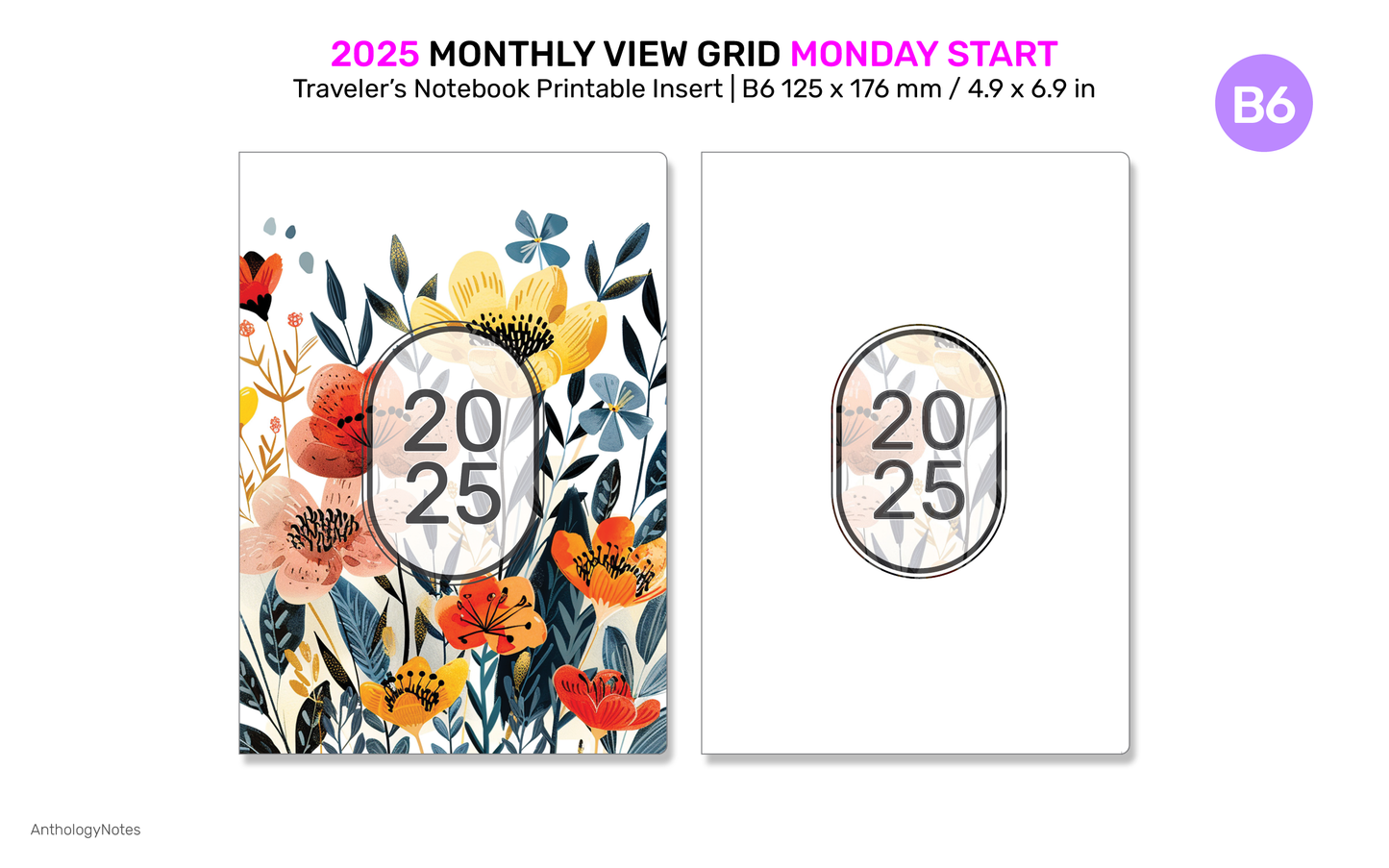 2025 B6 Monthly View Traveler's Notebook Printable Diary Insert, GRID TN Mo2P - DB6010