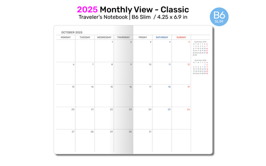 2025 Monthly Planner for TN B6 SLIM Traveler's Notebook - Minimalist Printable Insert - DB6SL002