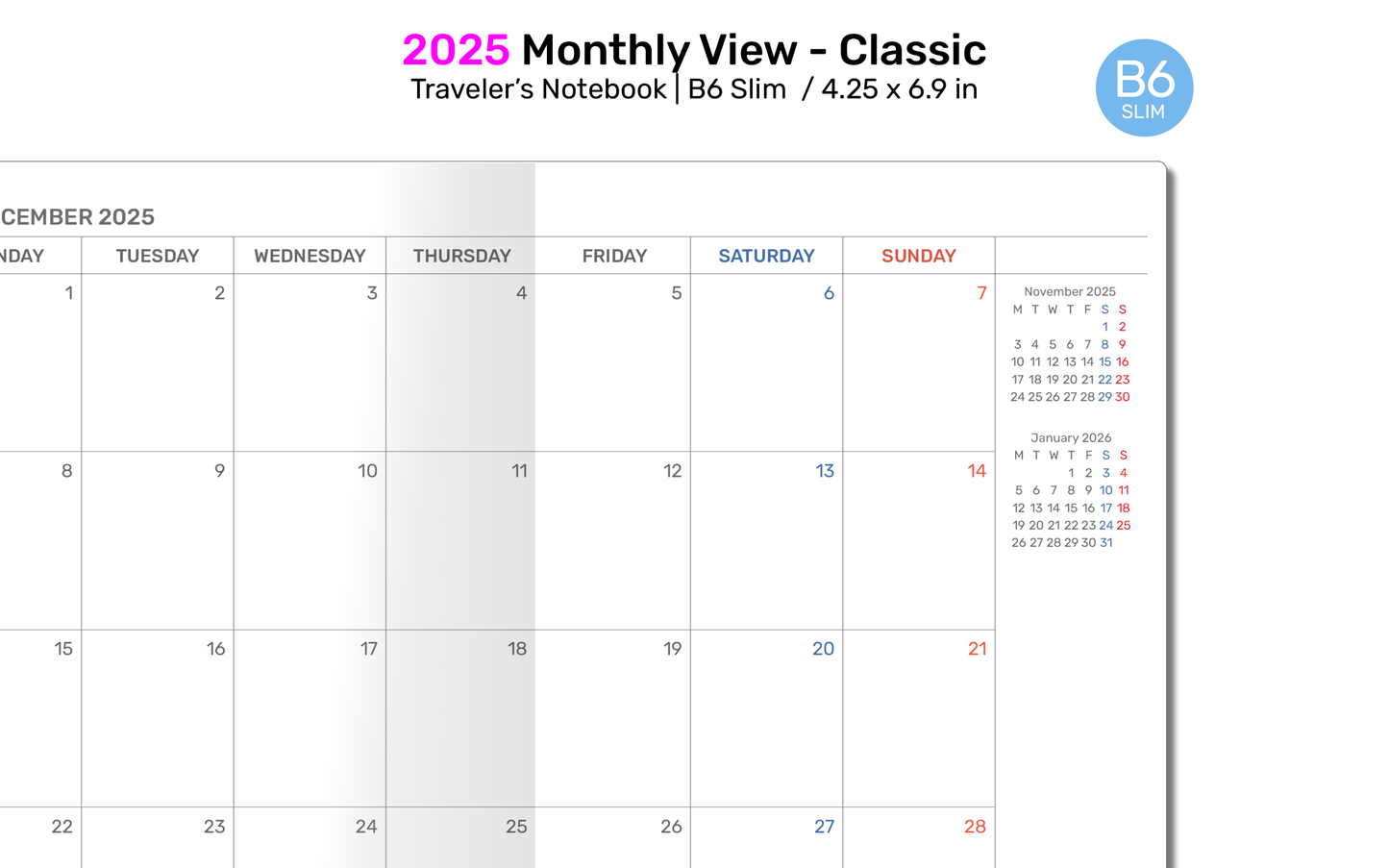 2025 Monthly Planner for TN B6 SLIM Traveler's Notebook - Minimalist Printable Insert - DB6SL002