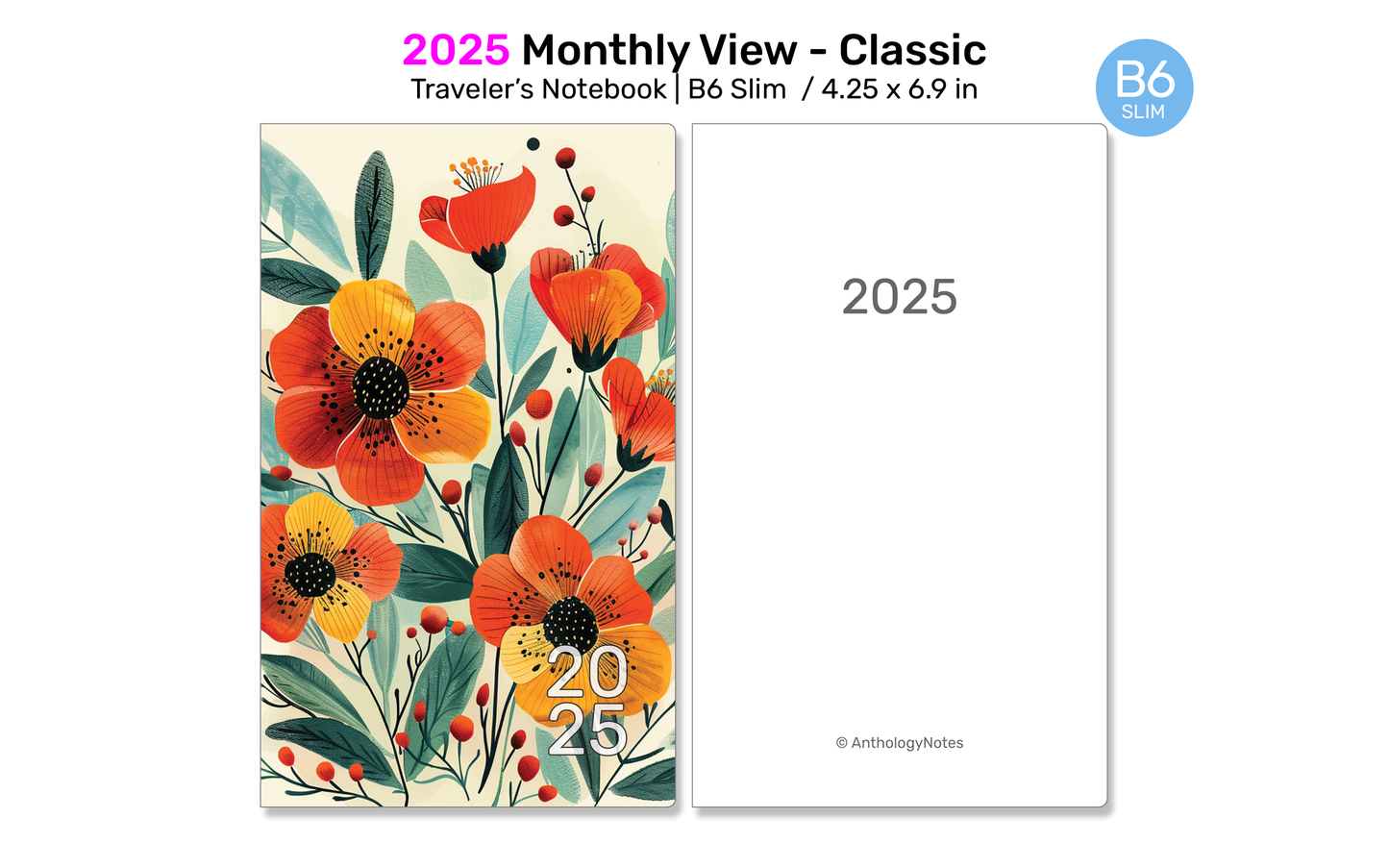 2025 Monthly Planner for TN B6 SLIM Traveler's Notebook - Minimalist Printable Insert - DB6SL002