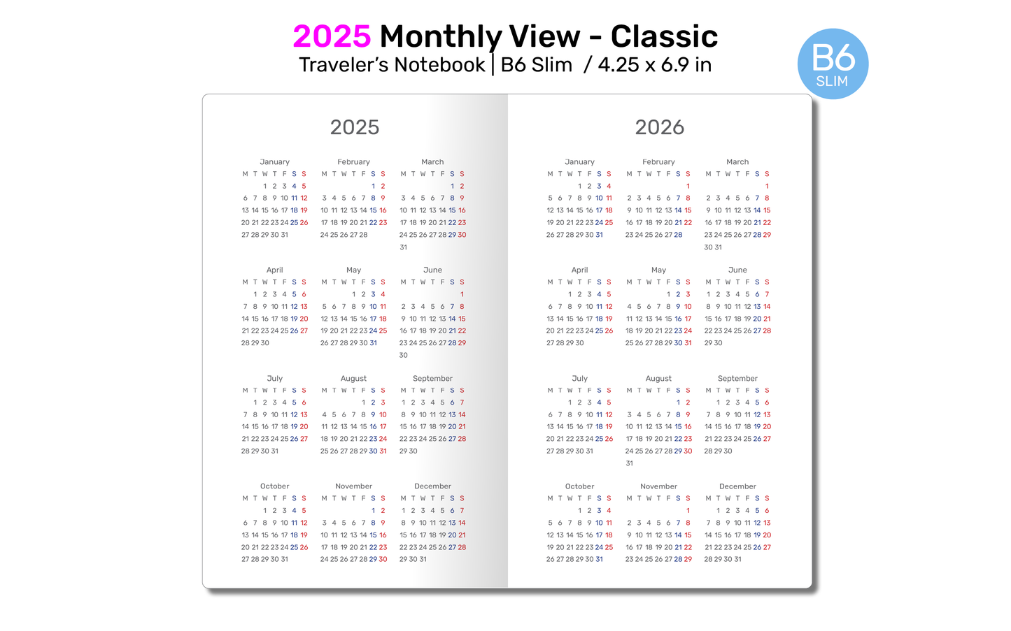 2025 Monthly Planner for TN B6 SLIM Traveler's Notebook - Minimalist Printable Insert - DB6SL002