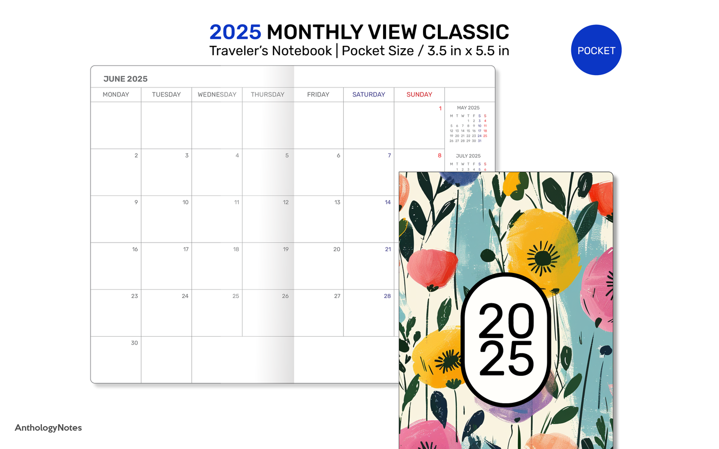 2025 POCKET Monthly Diary Classic MINIMALIST Traveler's Notebook Printable Insert Mo2P DFN007