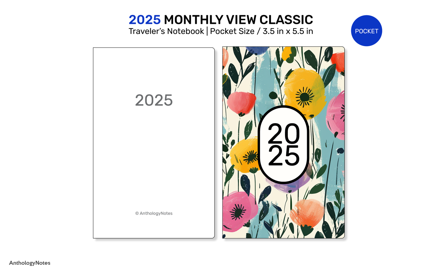 2025 POCKET Monthly Diary Classic MINIMALIST Traveler's Notebook Printable Insert Mo2P DFN007