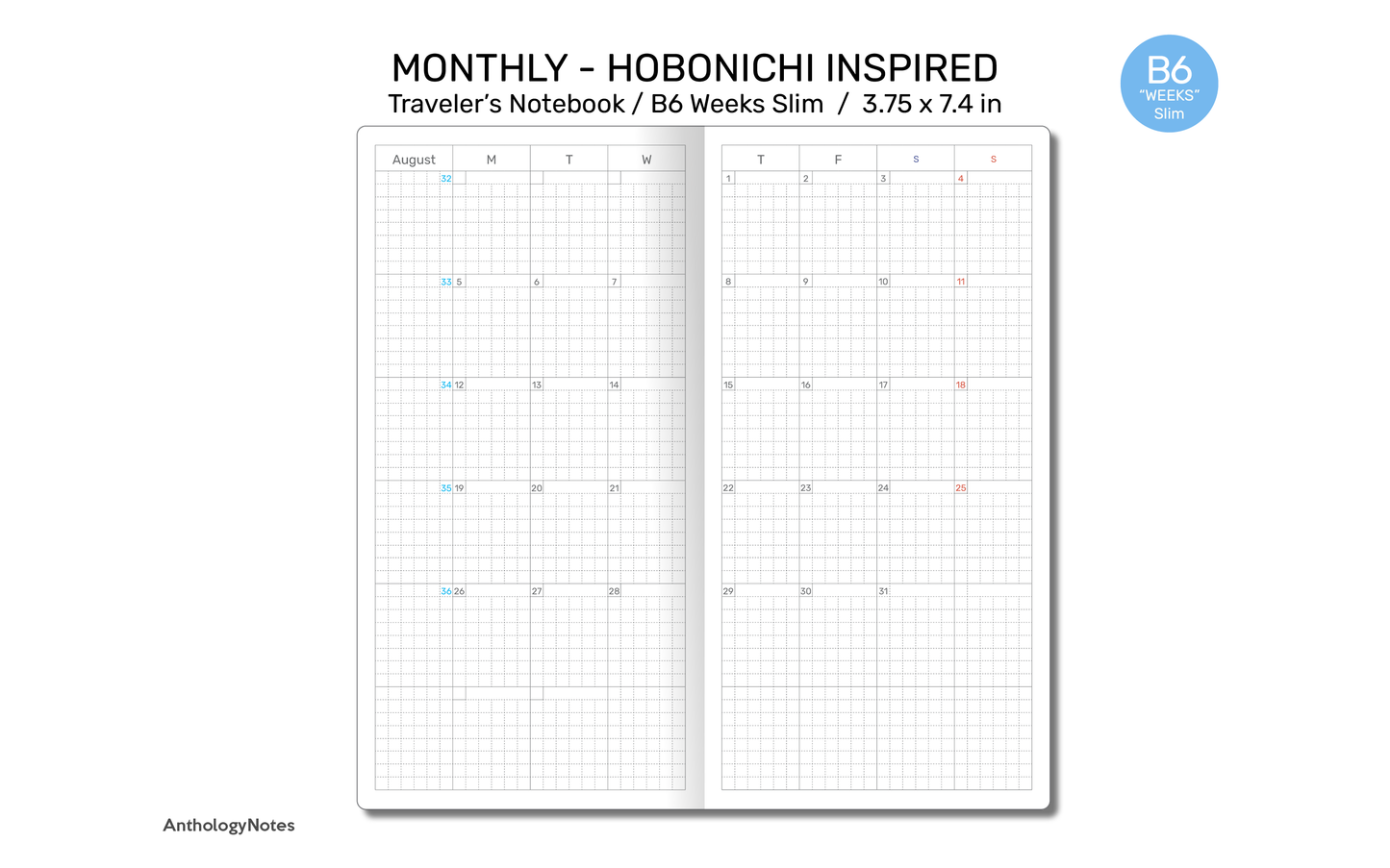 2025 B6 WEEKS Slim Monthly Hobo Inspired GRID Monday Fauxbonichi - DHBW003-2025