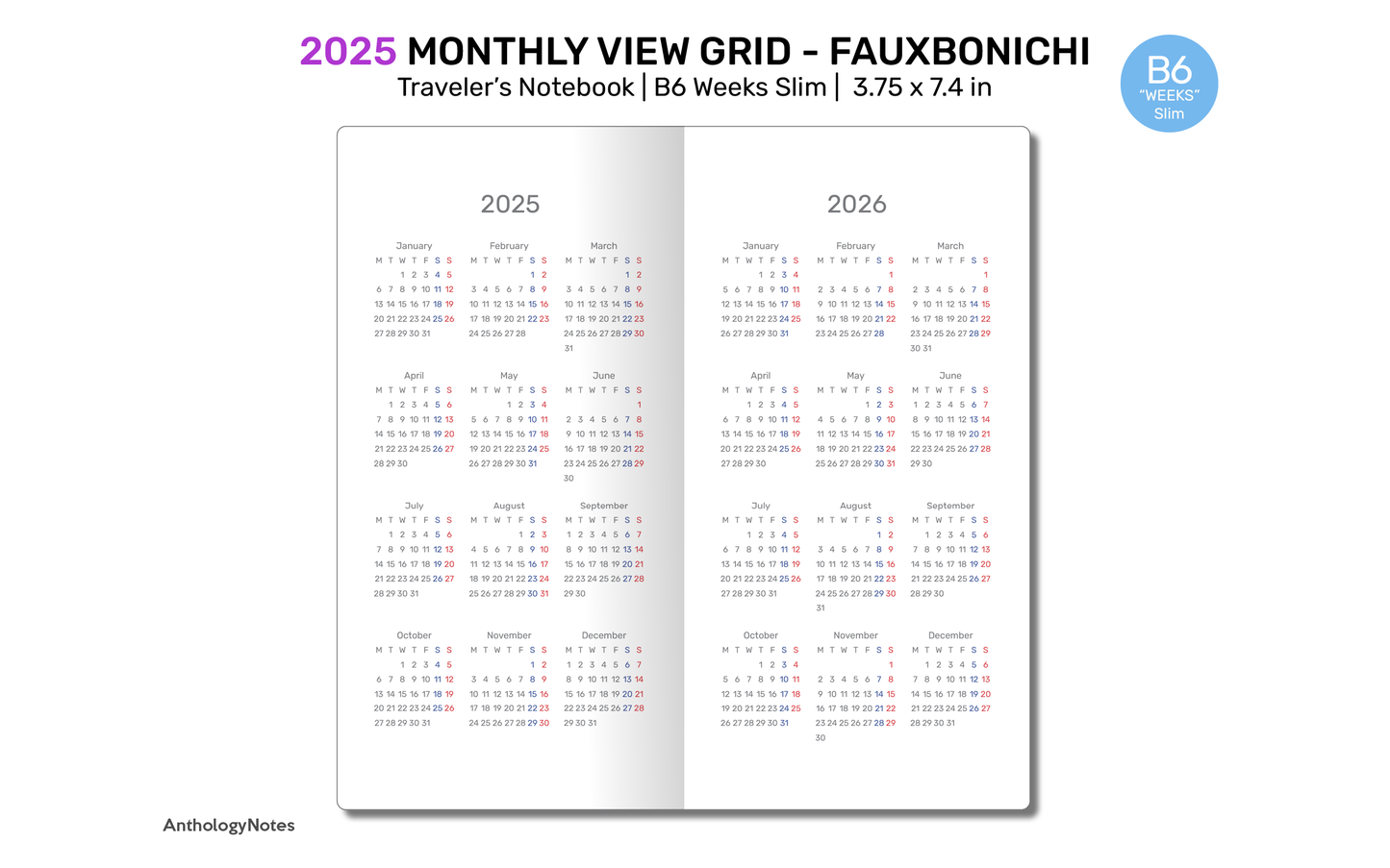 2025 B6 WEEKS Slim Monthly Hobo Inspired GRID Monday Fauxbonichi - DHBW003-2025