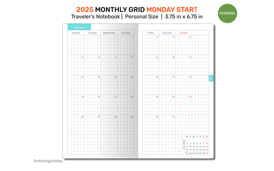 2025 Monthly Planner TN Personal Traveler's Notebook GRID Printable Insert, Minimalist Mo2P, Month on 2 Pages, DPER001-2025