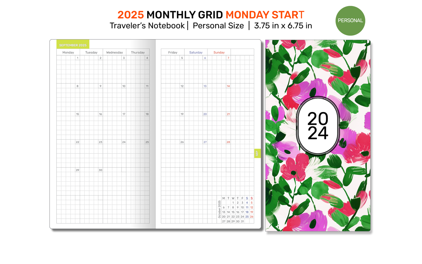 2025 Monthly Planner TN Personal Traveler's Notebook GRID Printable Insert, Minimalist Mo2P, Month on 2 Pages, DPER001-2025