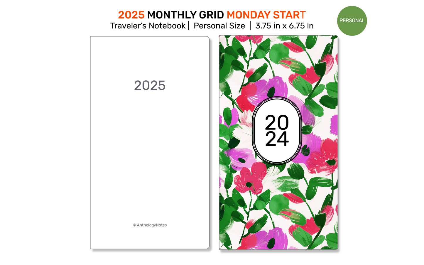 2025 Monthly Planner TN Personal Traveler's Notebook GRID Printable Insert, Minimalist Mo2P, Month on 2 Pages, DPER001-2025