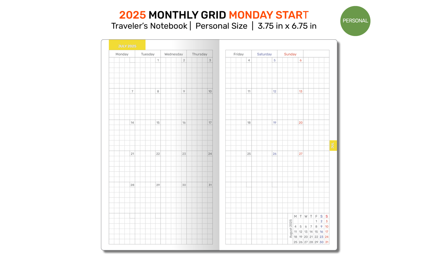 2025 Monthly Planner TN Personal Traveler's Notebook GRID Printable Insert, Minimalist Mo2P, Month on 2 Pages, DPER001-2025