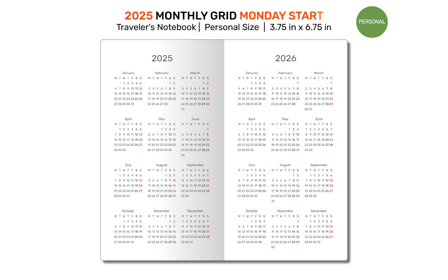 2025 Monthly Planner TN Personal Traveler's Notebook GRID Printable Insert, Minimalist Mo2P, Month on 2 Pages, DPER001-2025