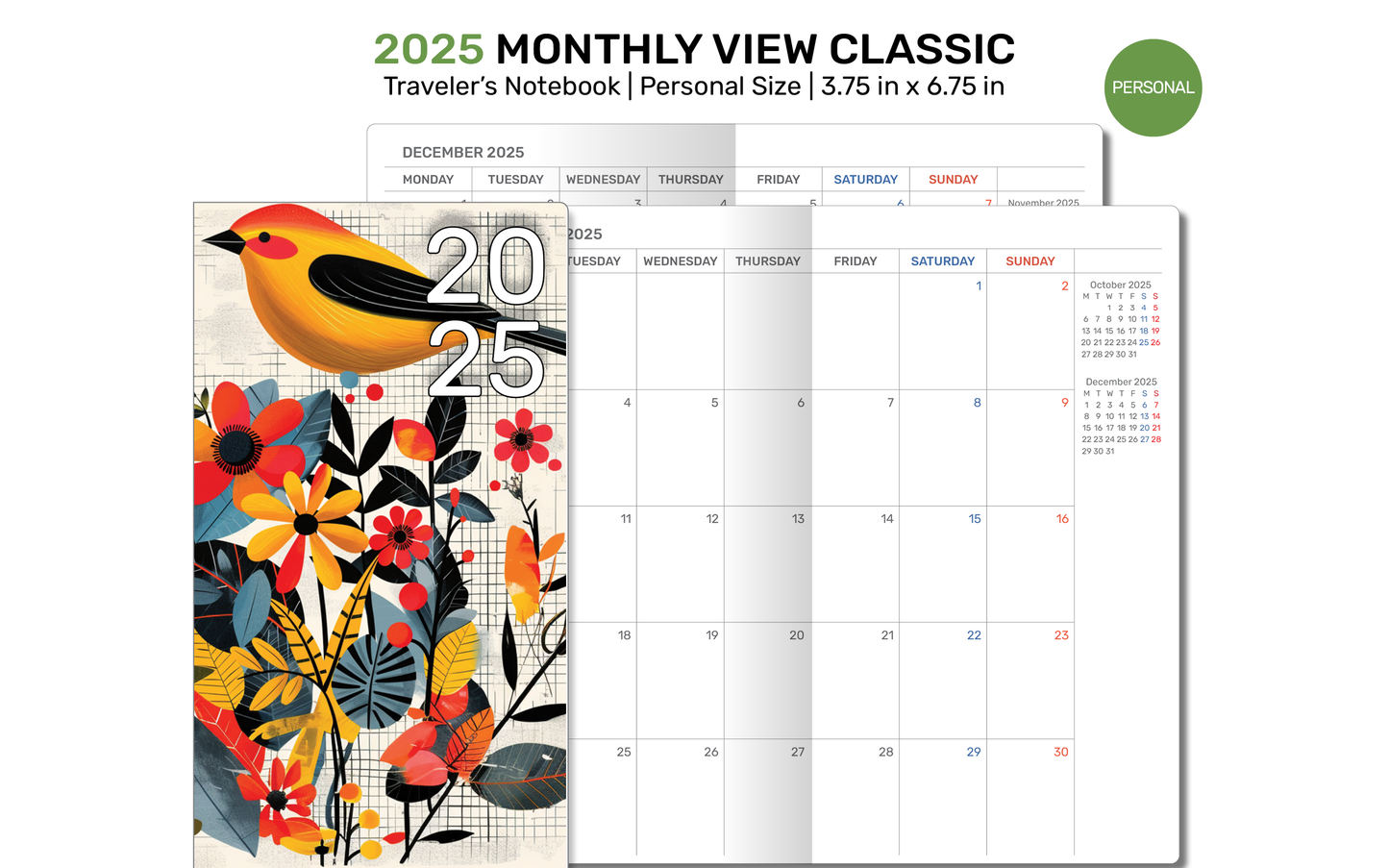 2025 TN Personal Classic Monthly View Printable Traveler's Notebook - Planner Insert DP22-005