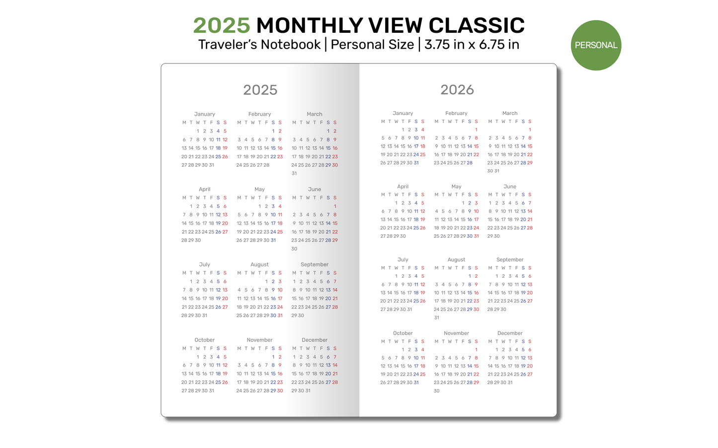 2025 TN Personal Classic Monthly View Printable Traveler's Notebook - Planner Insert DP22-005