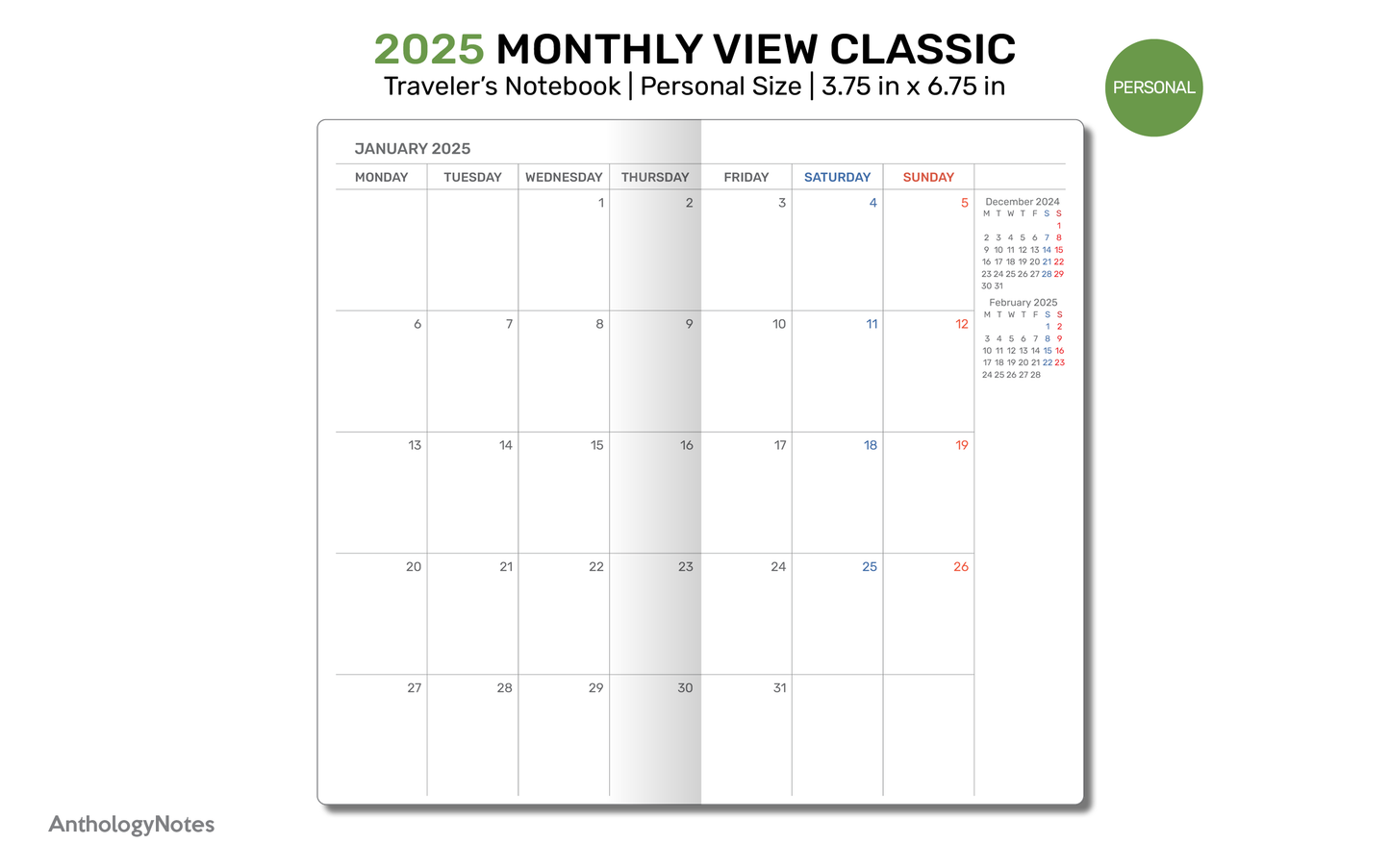 2025 TN Personal Classic Monthly View Printable Traveler's Notebook - Planner Insert DP22-005