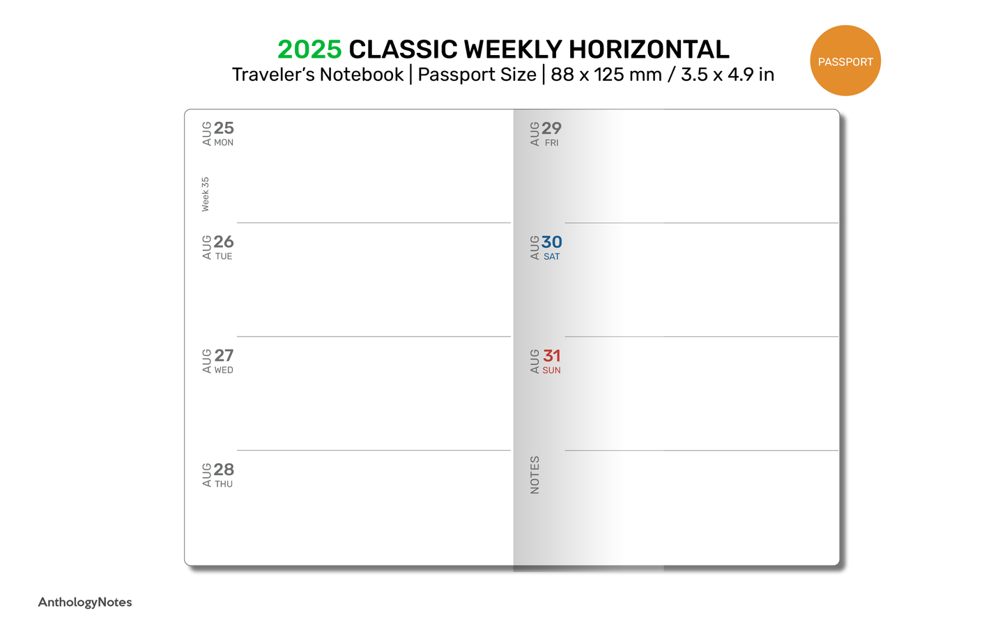 2025 TN Passport WEEKLY Planner Traveler's Notebook Printable Refill Insert - DPP001-2025