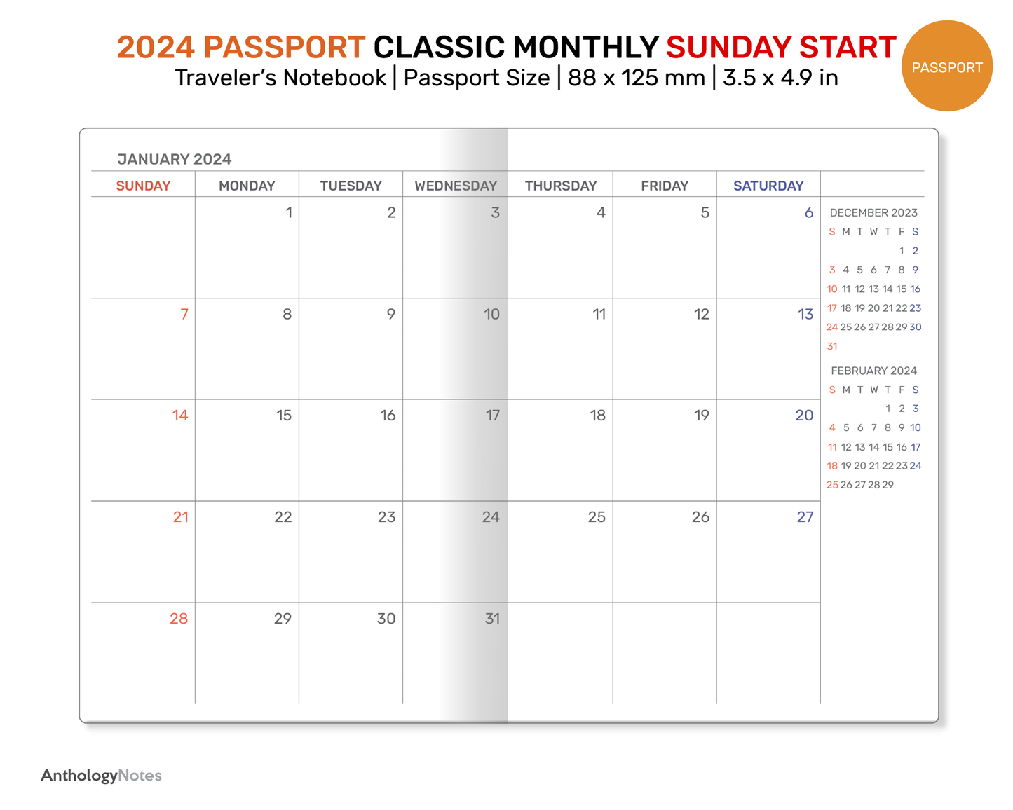 2024 PASSPORT Monthly SUNDAY Start Minimalist Diary Traveler's Notebook Printable Insert Mo2P