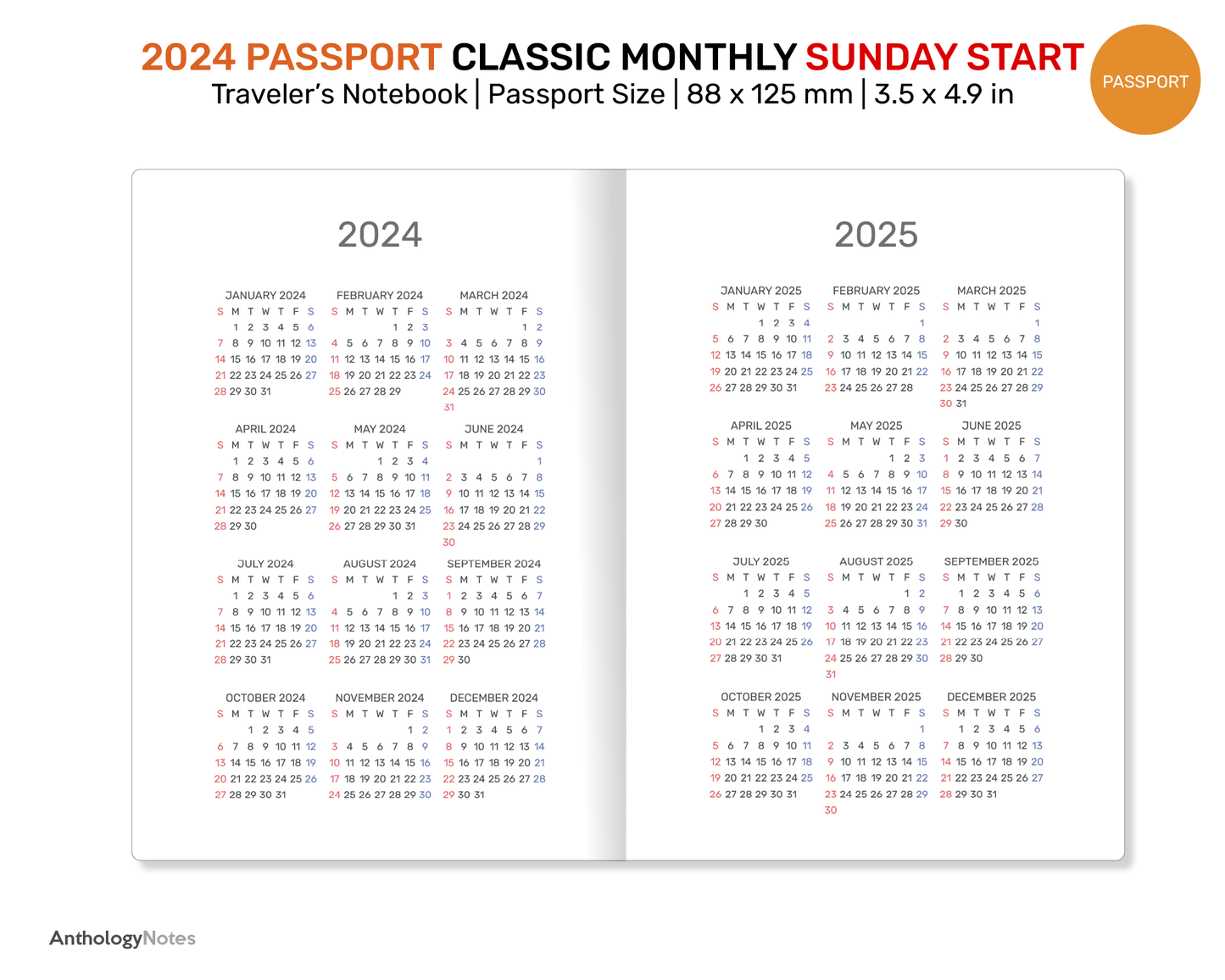 2024 PASSPORT Monthly SUNDAY Start Minimalist Diary Traveler's Notebook Printable Insert Mo2P