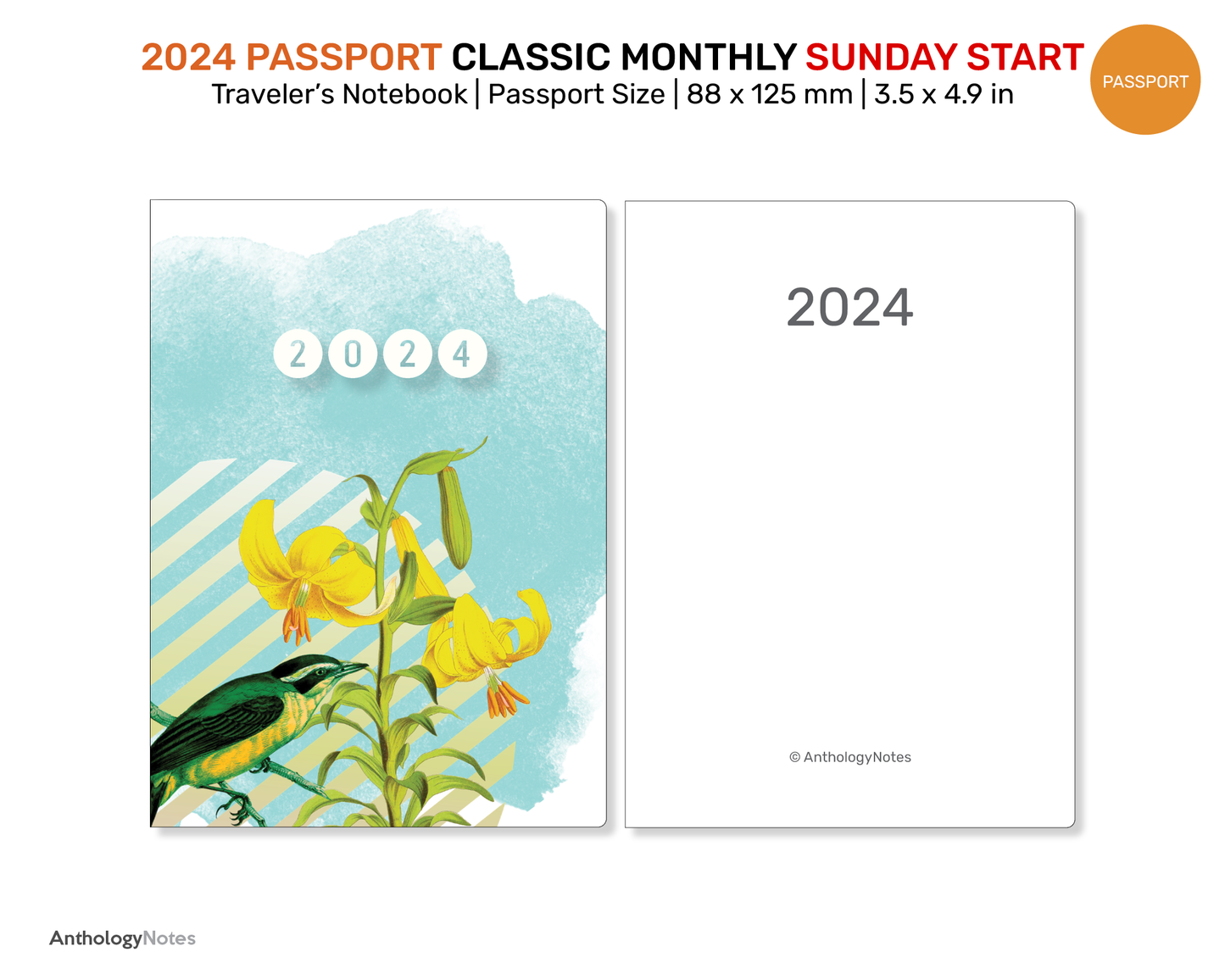 2024 PASSPORT Monthly SUNDAY Start Minimalist Diary Traveler's Notebook Printable Insert Mo2P