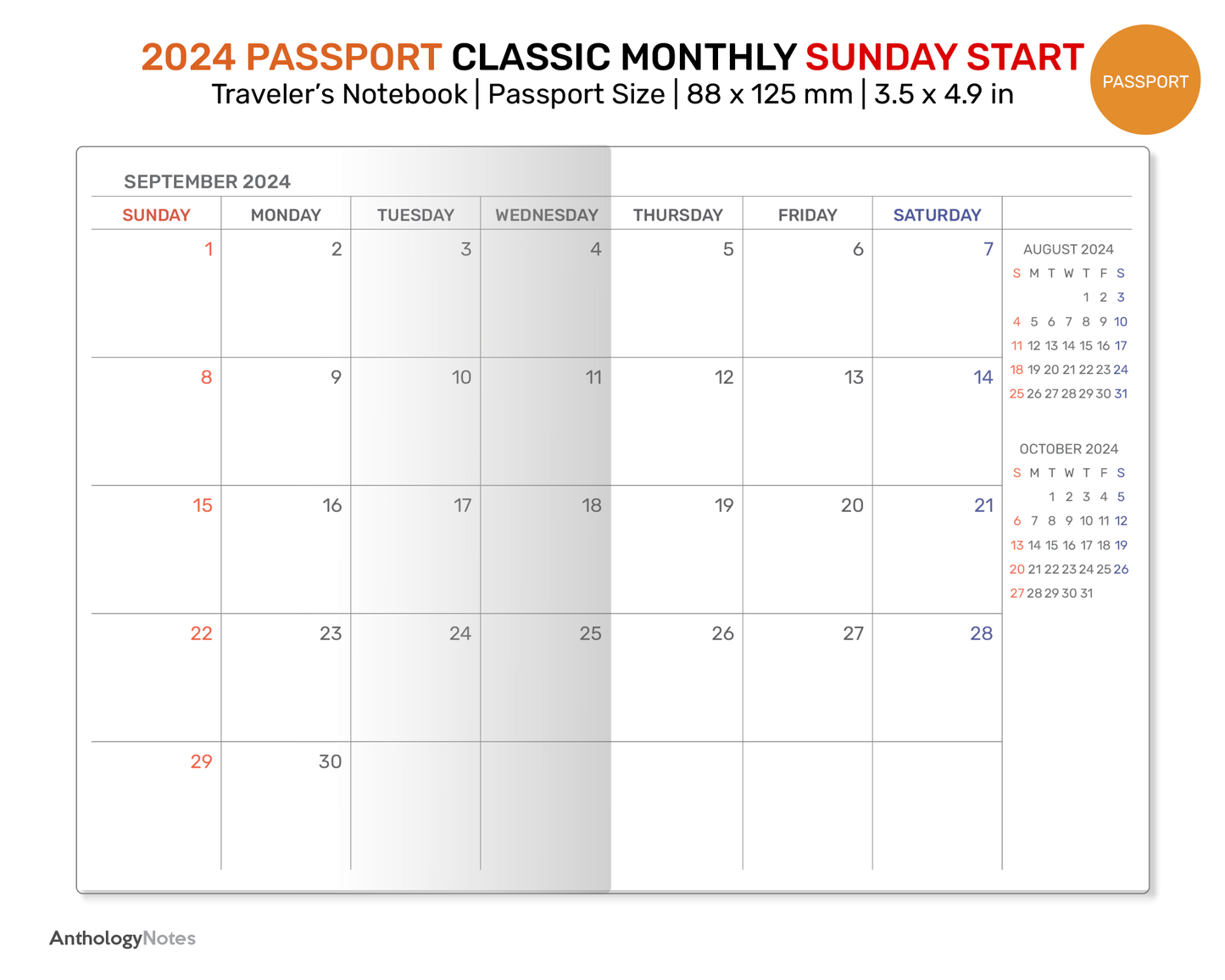 2024 PASSPORT Monthly SUNDAY Start Minimalist Diary Traveler's Notebook Printable Insert Mo2P