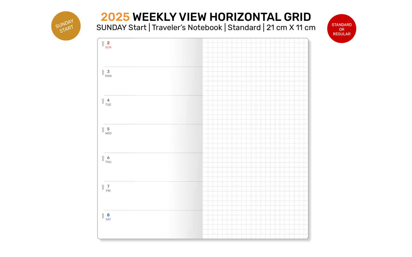 2025 Traveler's Notebook SUNDAY WEEKLY Printable Insert Standard Size Wo1P Horizontal GRID DSTN001S