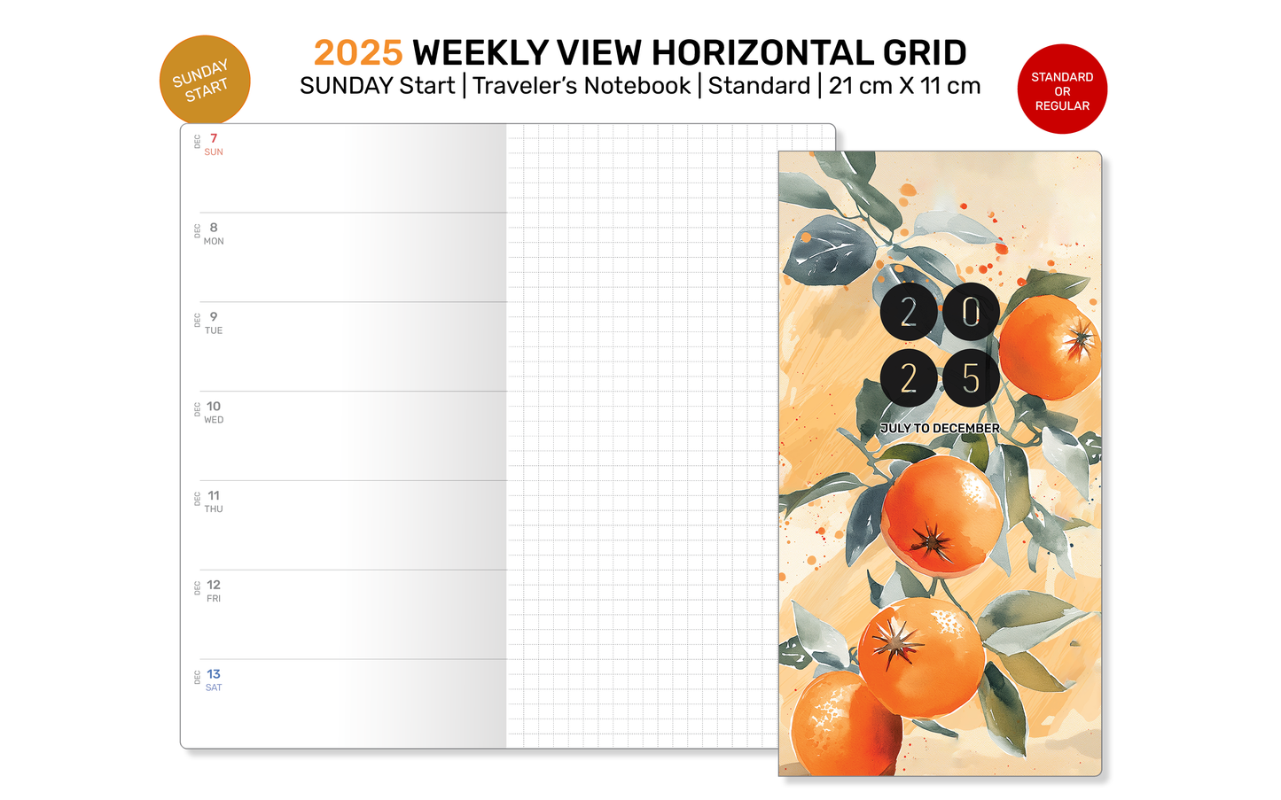 2025 Traveler's Notebook SUNDAY WEEKLY Printable Insert Standard Size Wo1P Horizontal GRID DSTN001S