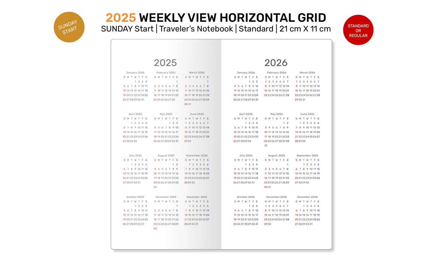 2025 Traveler's Notebook SUNDAY WEEKLY Printable Insert Standard Size Wo1P Horizontal GRID DSTN001S