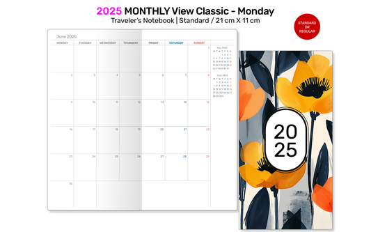 2025 MONTHLY View Insert Standard Size Traveler's Notebook - Printable Insert Diary MONDAY Start DSTN007