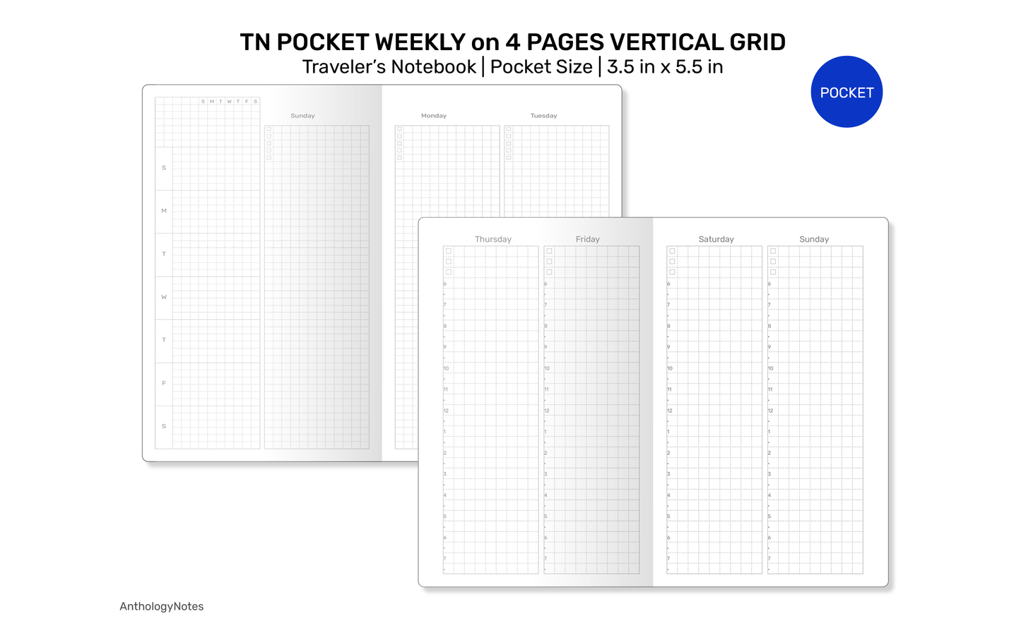 TN Pocket Size Weekly Vertical on 4 Pages GRID | Printable Traveler's Notebook Insert TN Minimalist FN22-05