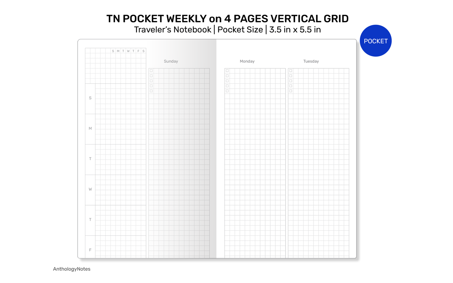 TN Pocket Size Weekly Vertical on 4 Pages GRID | Printable Traveler's Notebook Insert TN Minimalist FN22-05