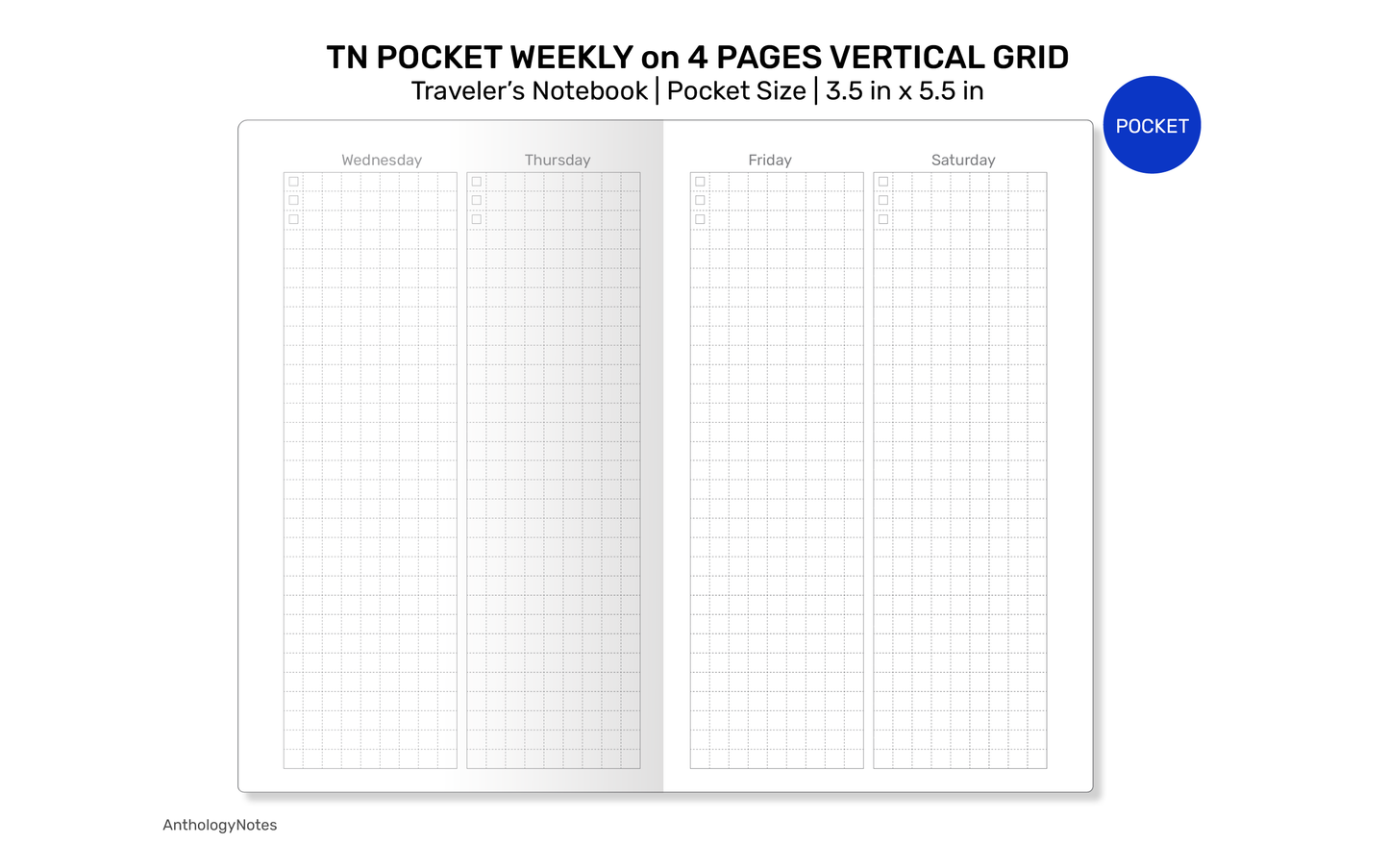 TN Pocket Size Weekly Vertical on 4 Pages GRID | Printable Traveler's Notebook Insert TN Minimalist FN22-05