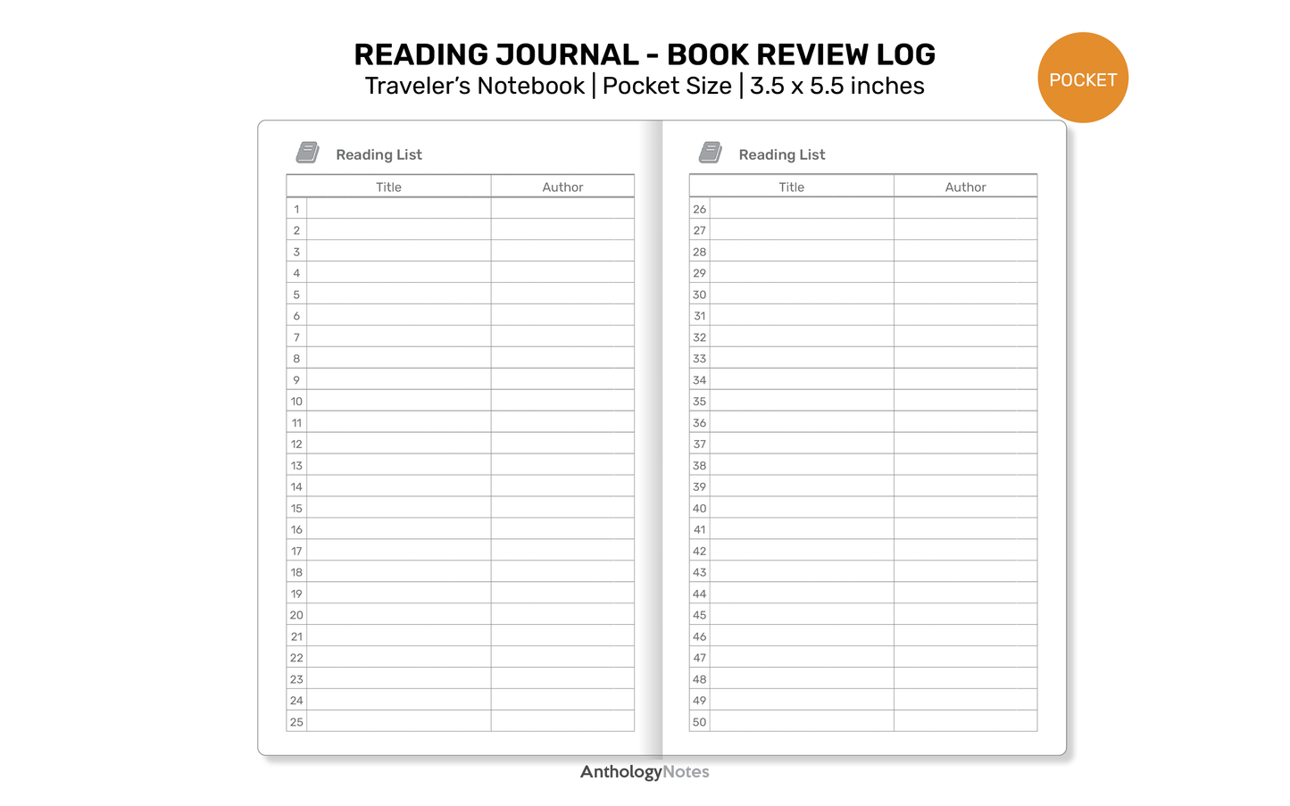 READING Journal TN POCKET Printable Refill Insert for Traveler's Notebook - Book Review Log