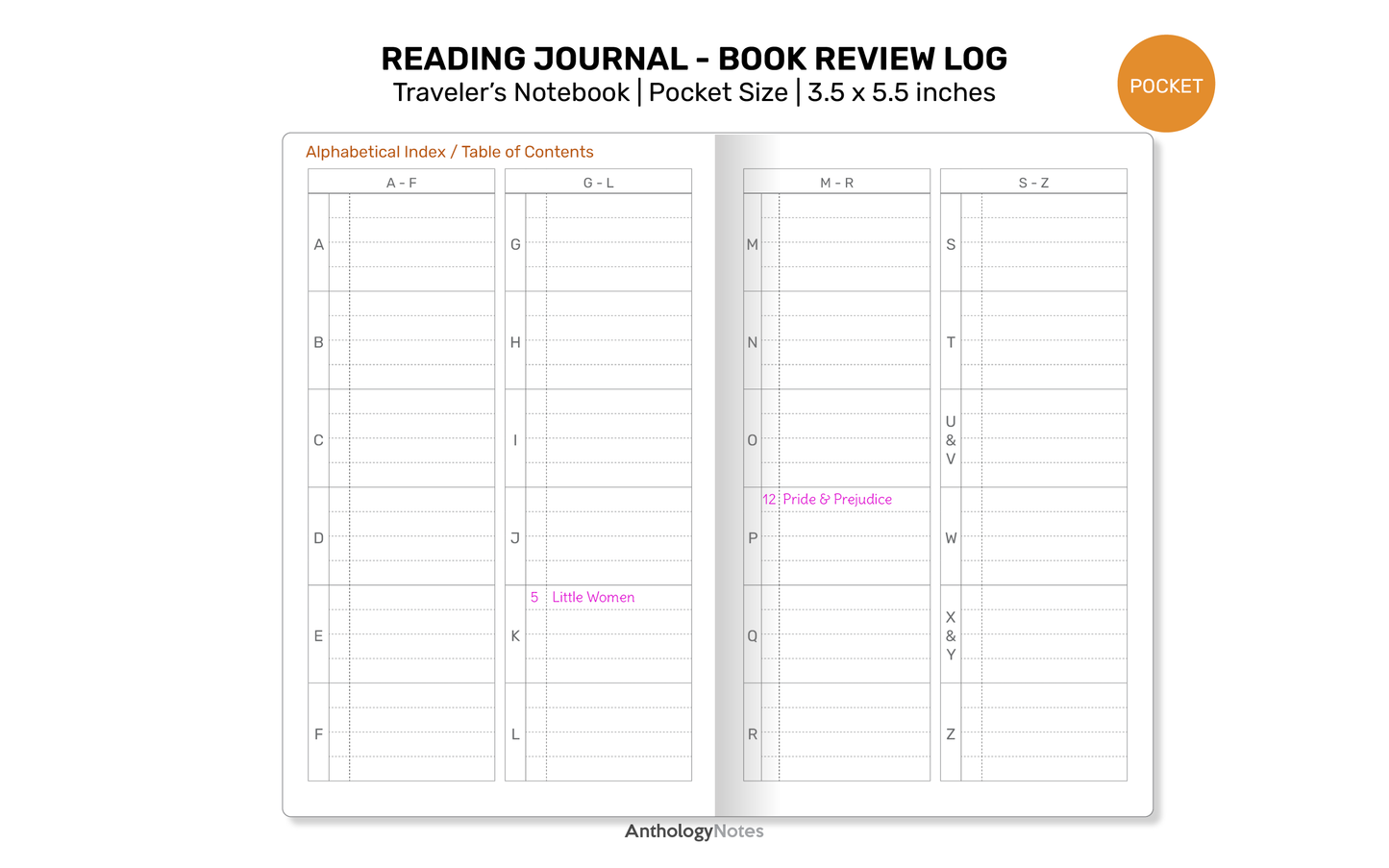 READING Journal TN POCKET Printable Refill Insert for Traveler's Notebook - Book Review Log