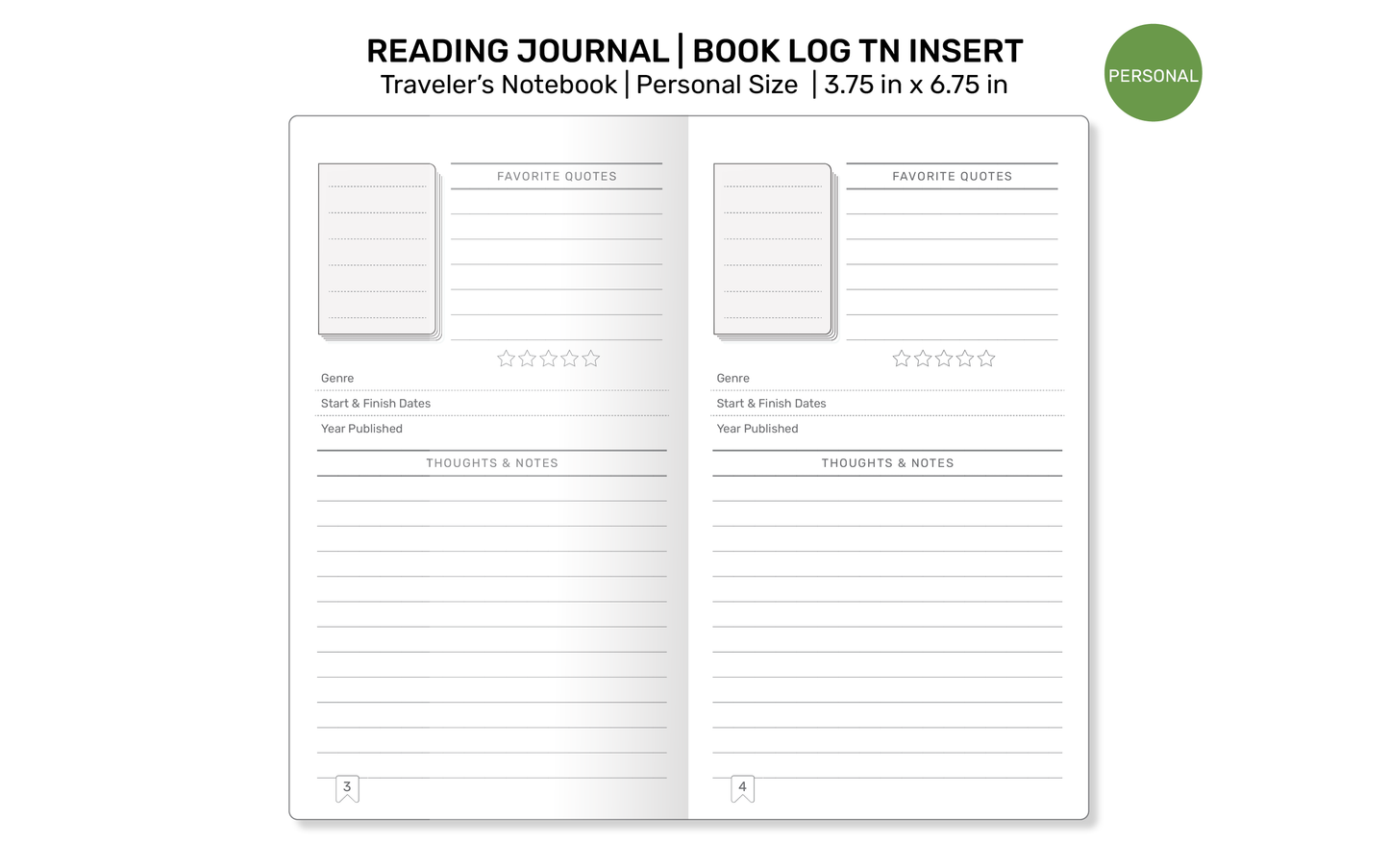 TN Personal READING Journal  Book Review Printable Refill Insert for Traveler's Notebook | PER22-015