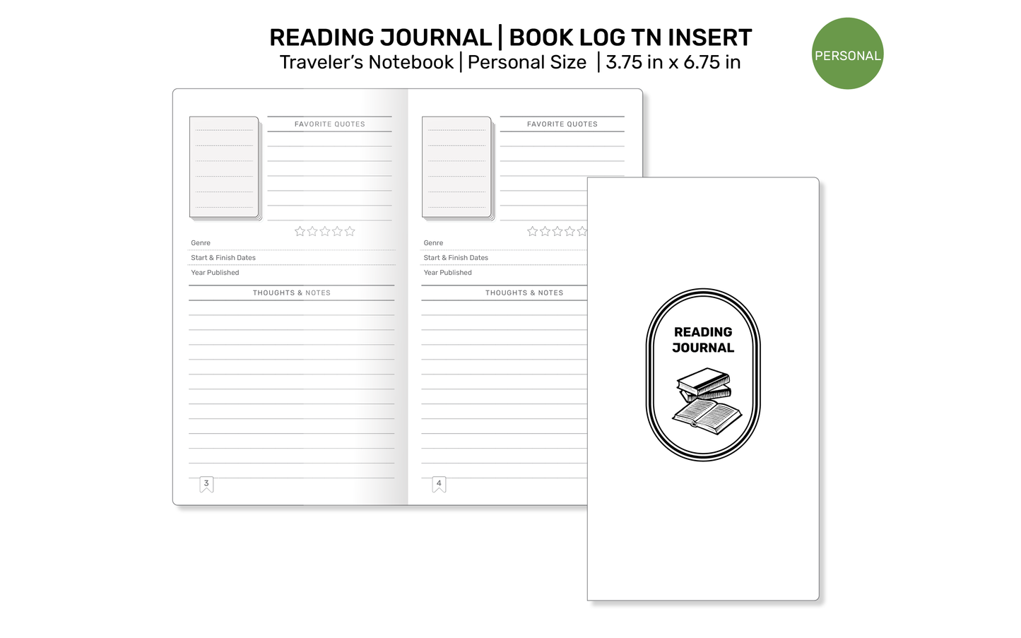 TN Personal READING Journal  Book Review Printable Refill Insert for Traveler's Notebook | PER22-015