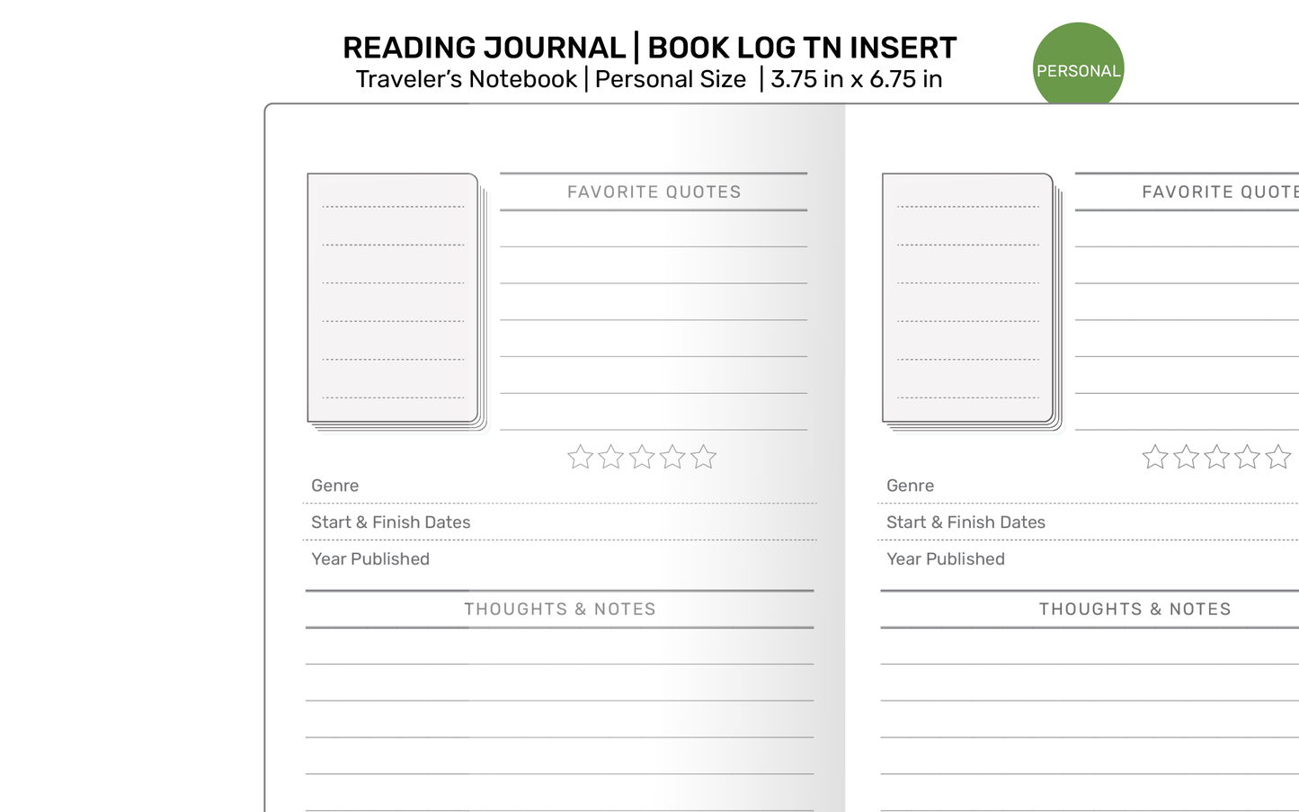 TN Personal READING Journal  Book Review Printable Refill Insert for Traveler's Notebook | PER22-015