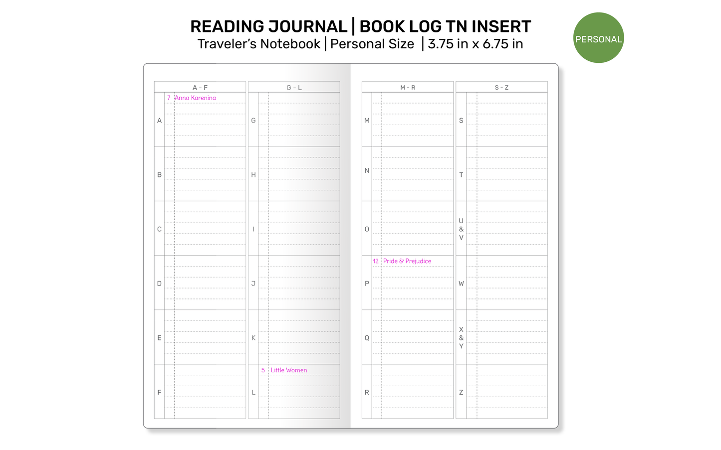 TN Personal READING Journal  Book Review Printable Refill Insert for Traveler's Notebook | PER22-015