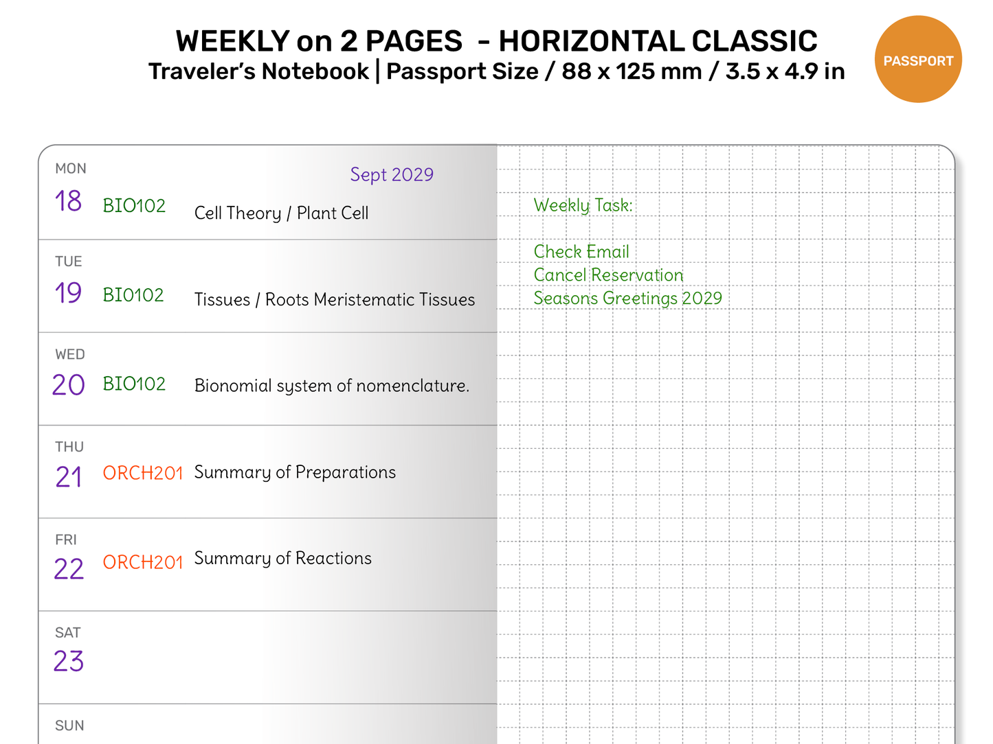 TN PASSPORT Weekly Horizontal Classic Printable Refill Insert Traveler's Notebook GRID Functional