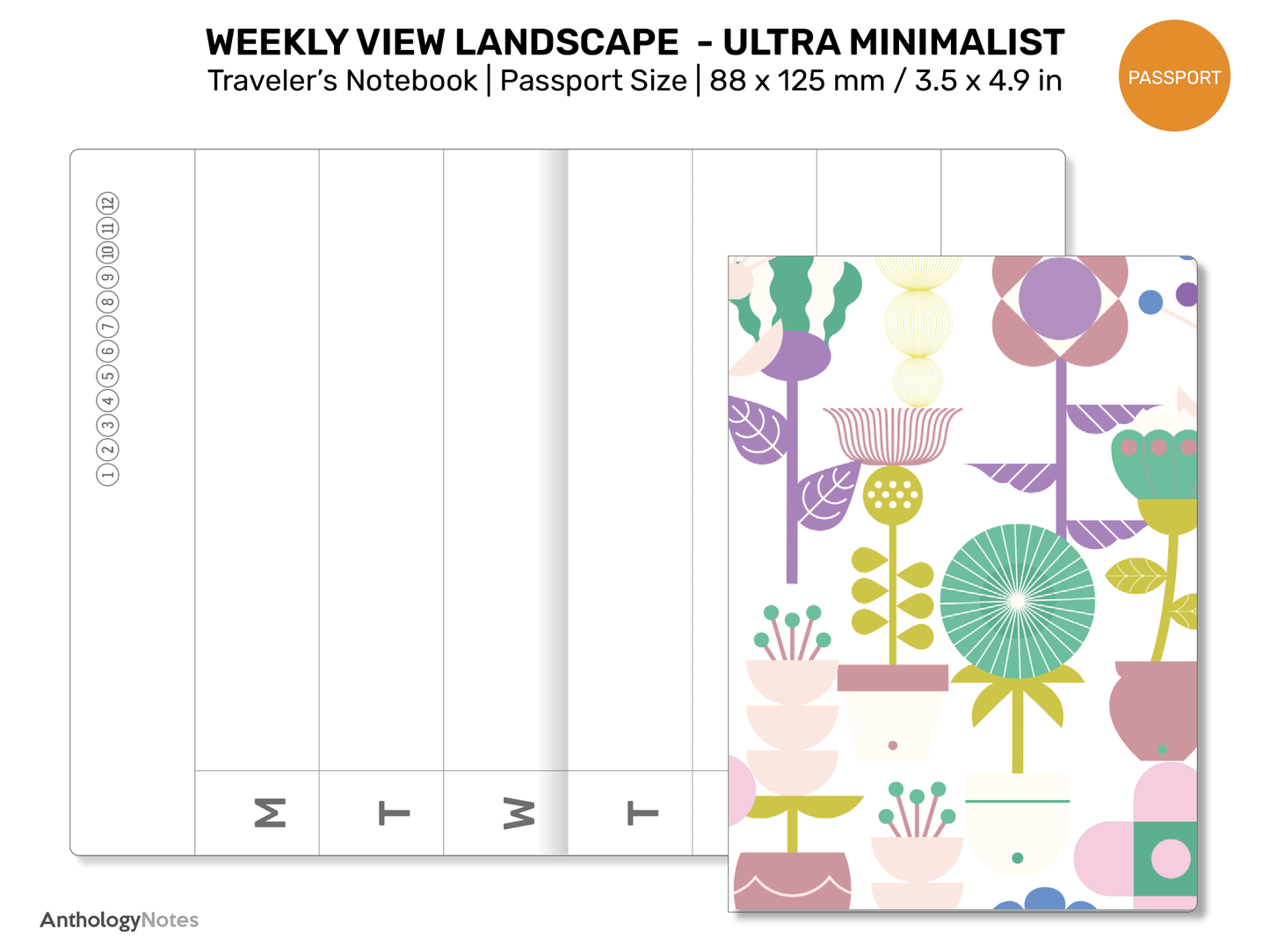 PASSPORT TN Weekly Landscape HORIZONTAL Printable Traveler's Notebook Refill Insert PP22-005