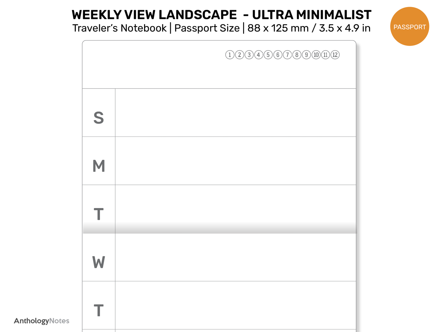 PASSPORT TN Weekly Landscape HORIZONTAL Printable Traveler's Notebook Refill Insert PP22-005