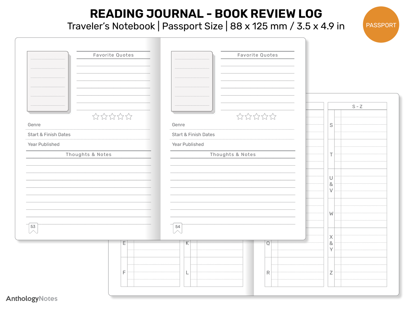 TN Passport READING Journal Printable Refill Insert for Traveler's Notebook - Book Review Log