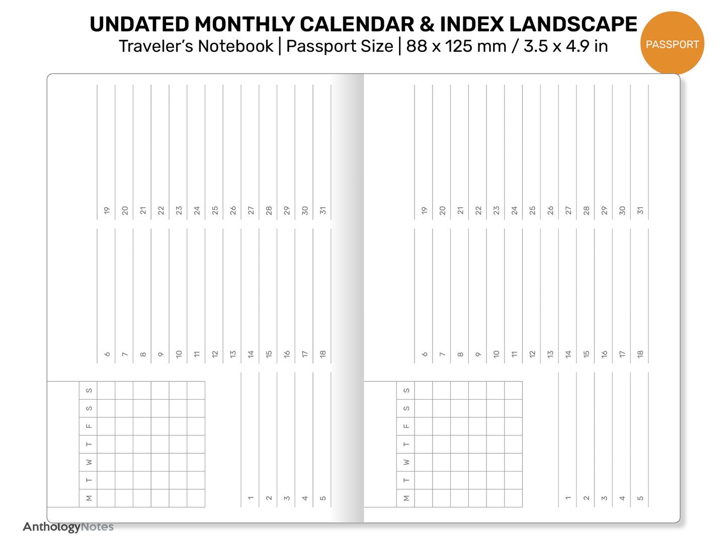 TN PASSPORT Monthly Index Calendar Landscape Undated Printable Traveler's Notebook Insert Minimalist | PP22-012