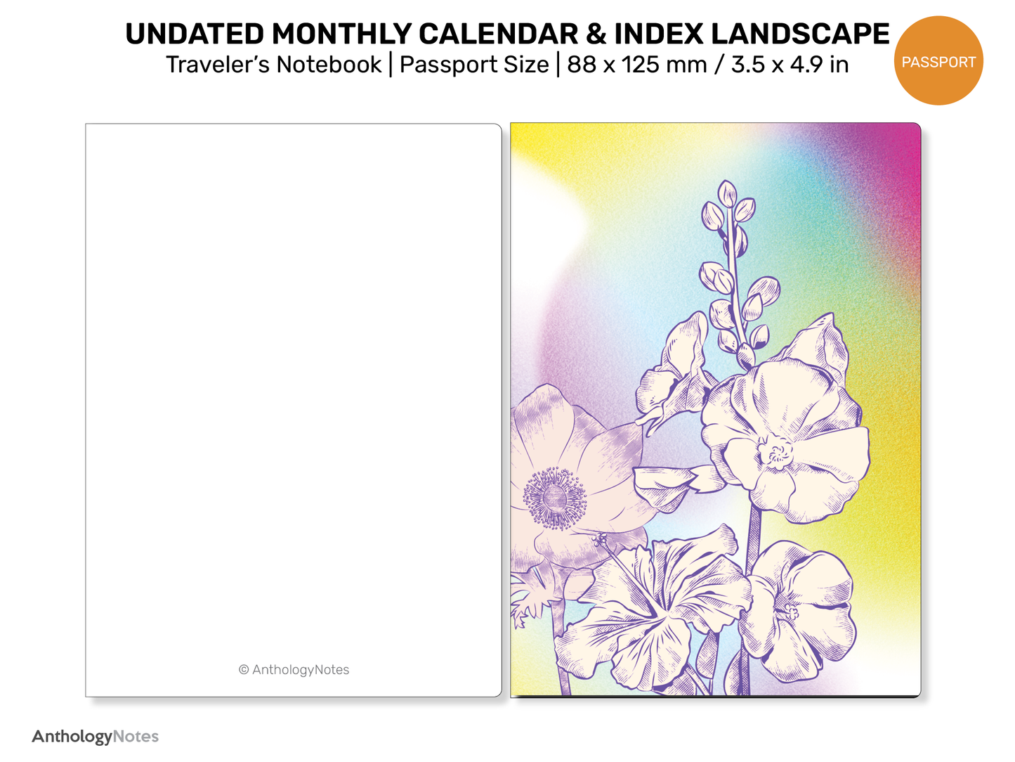 TN PASSPORT Monthly Index Calendar Landscape Undated Printable Traveler's Notebook Insert Minimalist | PP22-012