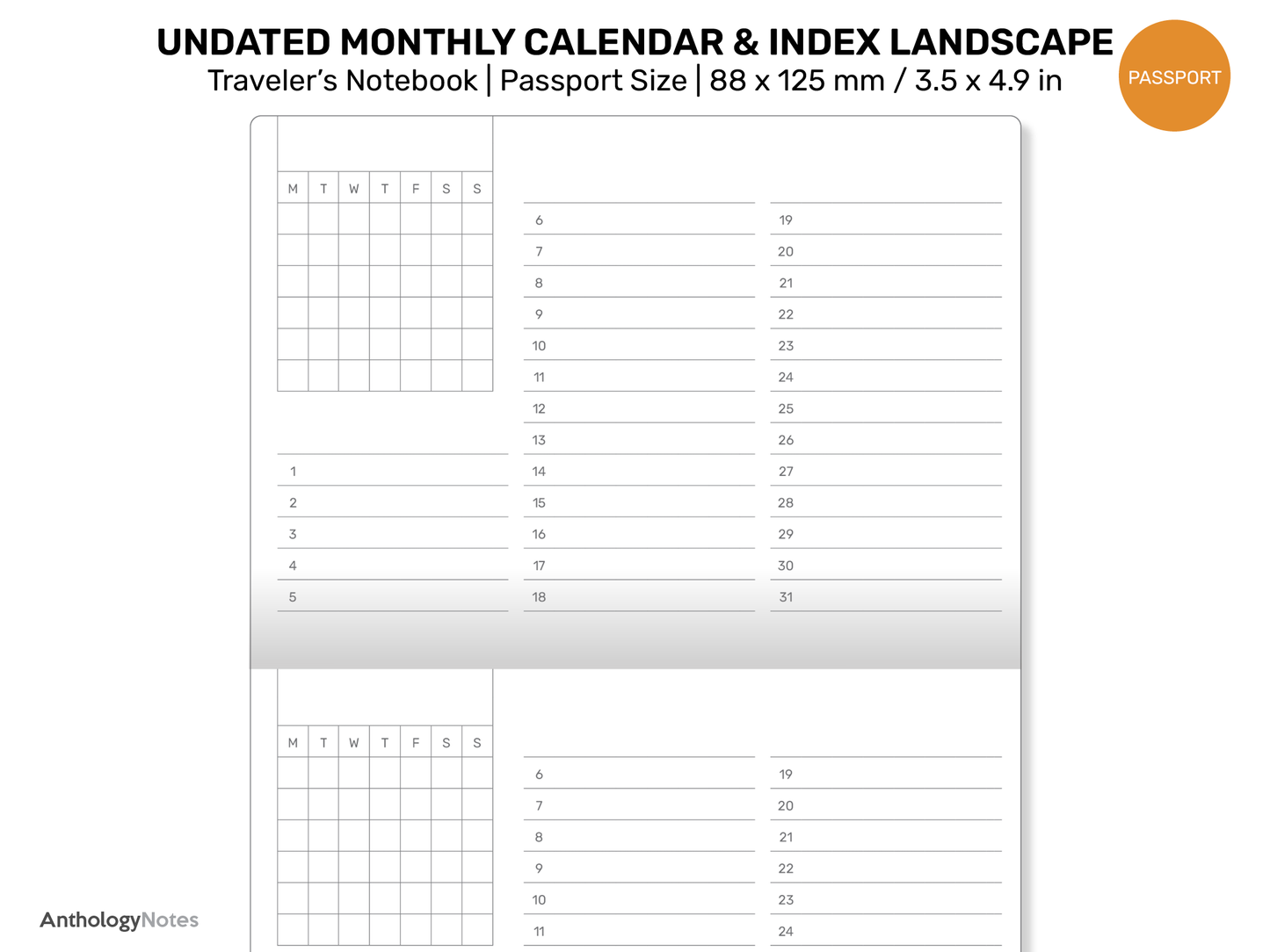 TN PASSPORT Monthly Index Calendar Landscape Undated Printable Traveler's Notebook Insert Minimalist | PP22-012