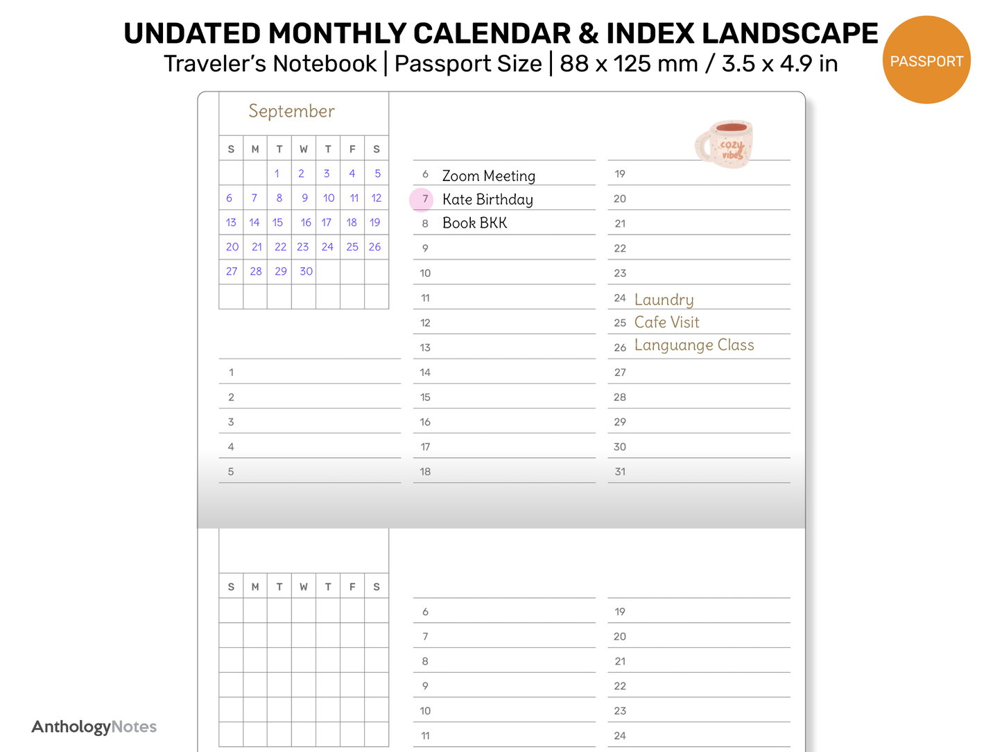 TN PASSPORT Monthly Index Calendar Landscape Undated Printable Traveler's Notebook Insert Minimalist | PP22-012