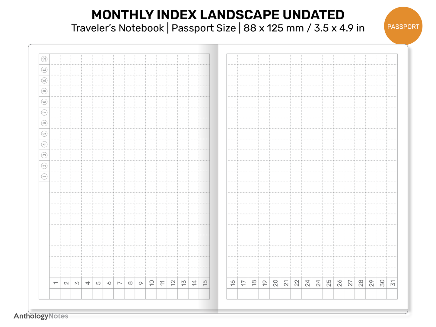 TN PASSPORT Monthly Index Landscape GRID Undated Printable Traveler's Notebook Insert Minimalist Mo2P | PP22-015