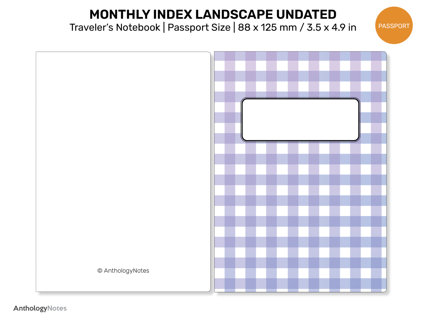 TN PASSPORT Monthly Index Landscape GRID Undated Printable Traveler's Notebook Insert Minimalist Mo2P | PP22-015